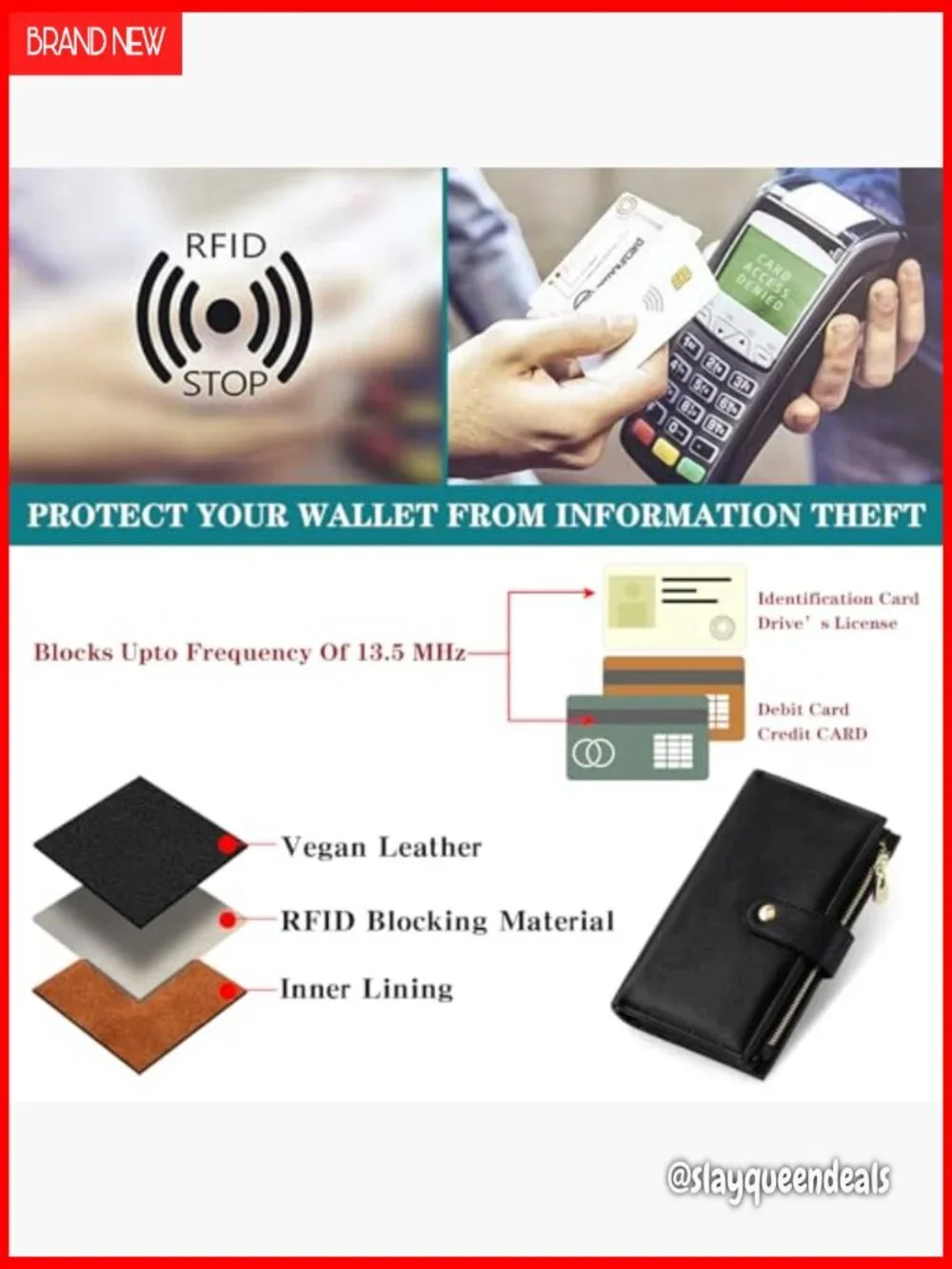 Large Capacity RFID Blocking Vegan Leather Trifold Wallet with Pen Holder